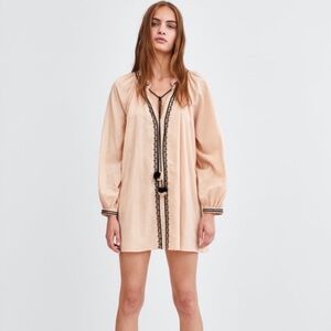 NWT ZARA Light Peach / Pale Pink Embroidered Tassel Tunic Top